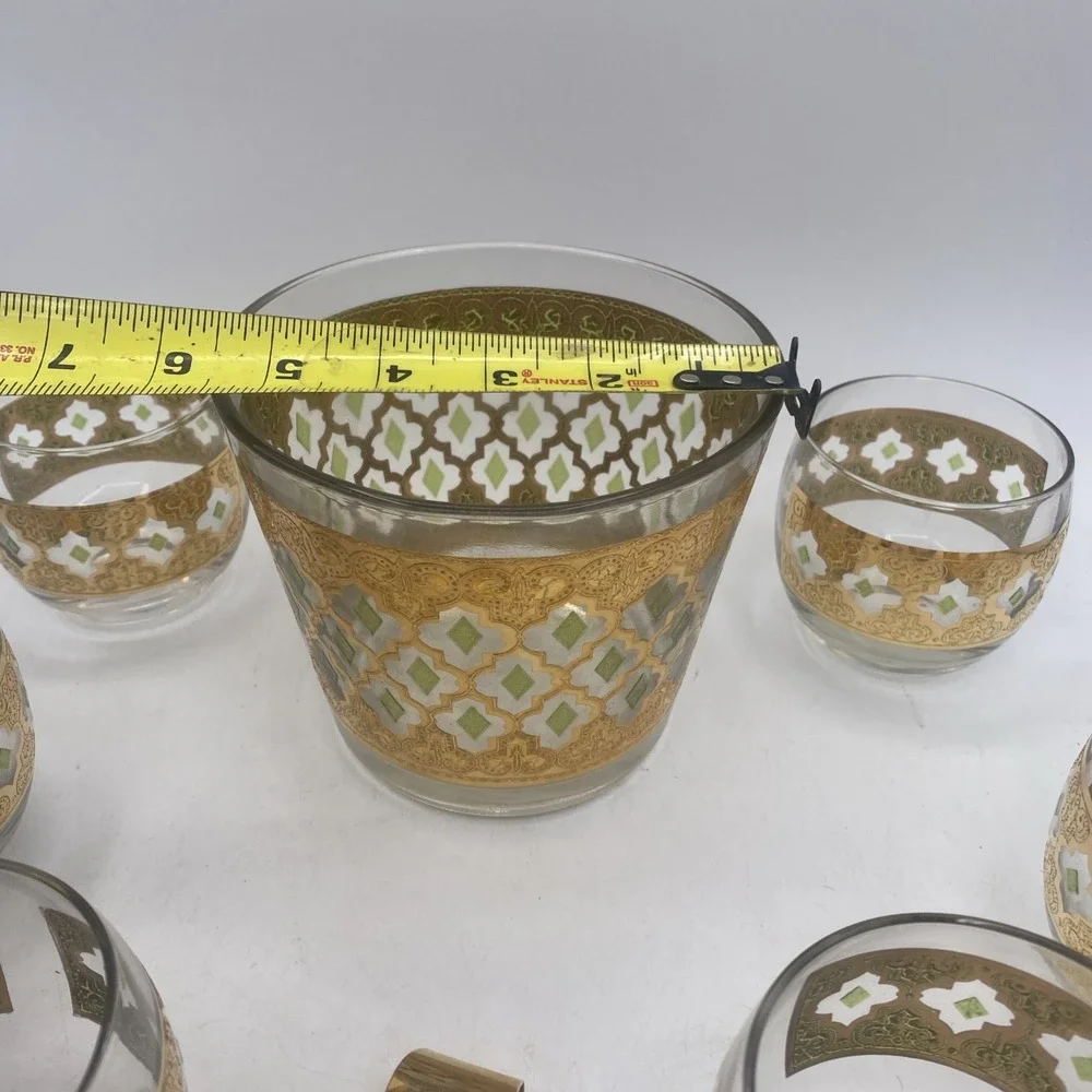 VTG Culver Green 22K Gold VALENCIA Ice bowl & Roly Poly Glasses BAR SET MCM